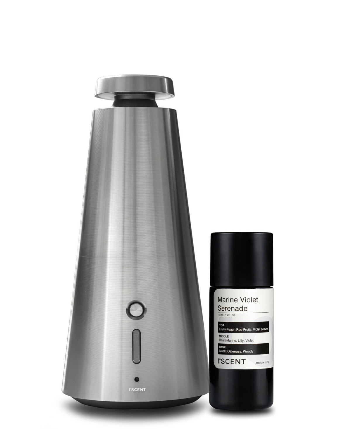 ISCENT Ensō diffuser in stainless steel beside a Marine Violet Serenade fragrance oil bottle